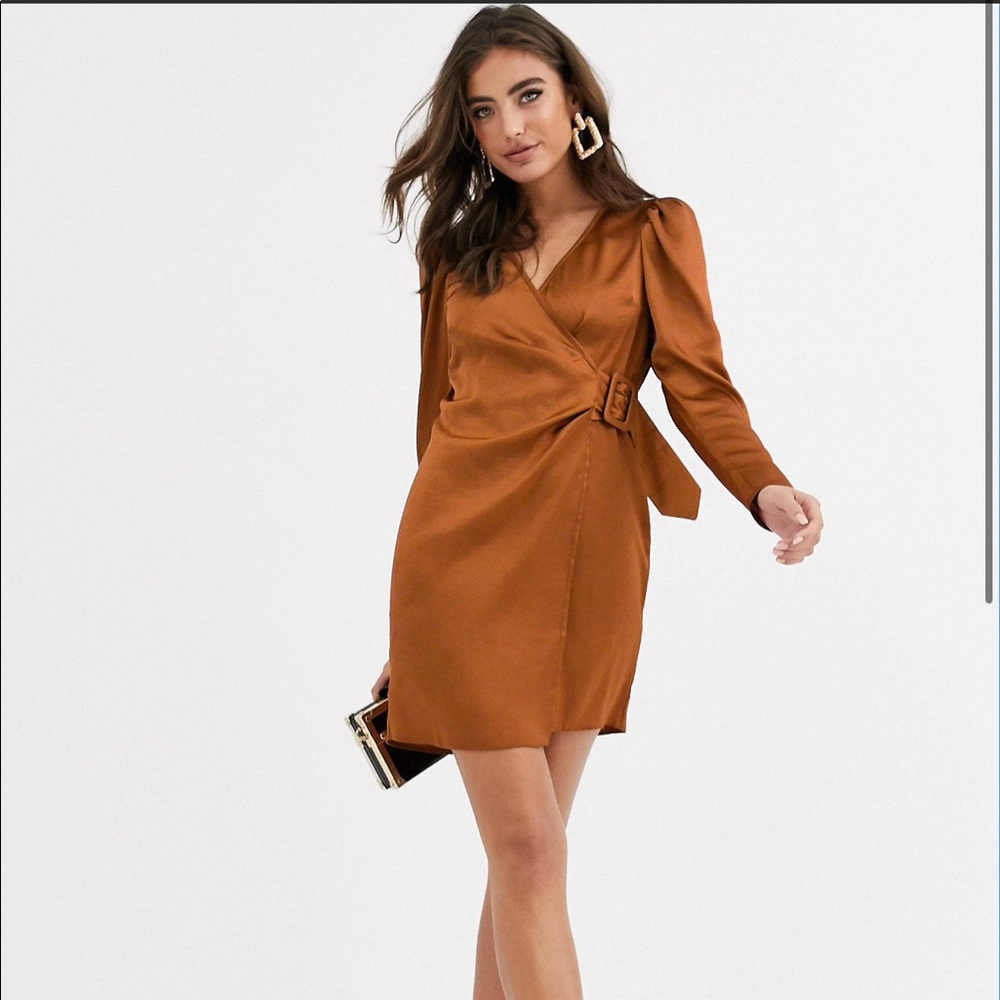 ASOS DESIGN satin wrap mini dress with buckle in rust